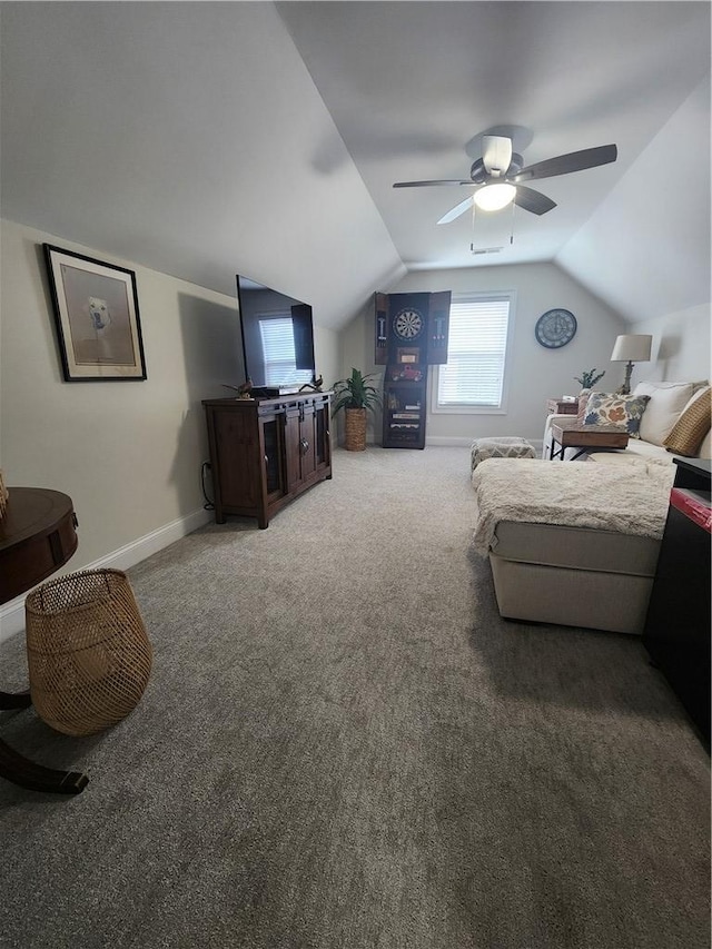 256 Chickadee Trl, Easley, SC 29642 - carpeted living area with vaulted ceiling, a ceiling fan, and baseboards