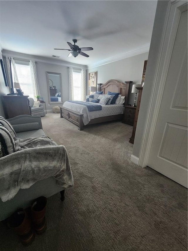 256 Chickadee Trl, Easley, SC 29642 - carpeted bedroom featuring multiple windows, ornamental molding, and ceiling fan