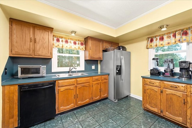 1122 Cox Rd, Anderson, SC 29621 - kitchen with black dishwasher, stainless steel fridge, a sink, brown cabinets, and crown molding