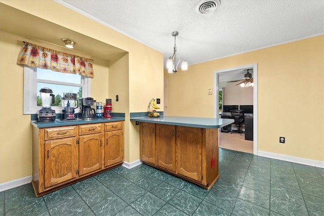1122 Cox Rd, Anderson, SC 29621 - bar area featuring crown molding, a textured ceiling, decorative light fixtures, baseboards, and a chandelier