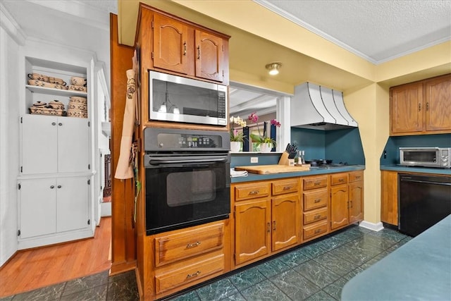 1122 Cox Rd, Anderson, SC 29621 - kitchen featuring black appliances, brown cabinetry, crown molding, a textured ceiling, and custom exhaust hood