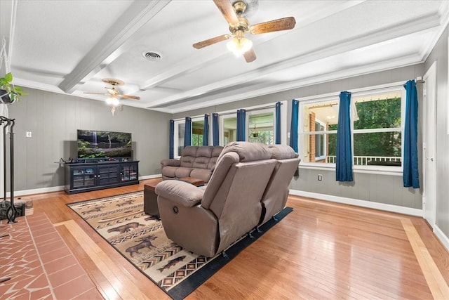 1122 Cox Rd, Anderson, SC 29621 - living room featuring ceiling fan, hardwood / wood-style floors, beamed ceiling, and baseboards