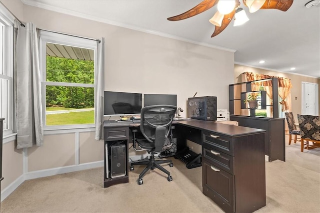 1122 Cox Rd, Anderson, SC 29621 - home office with carpet floors, ornamental molding, a ceiling fan, recessed lighting, and baseboards