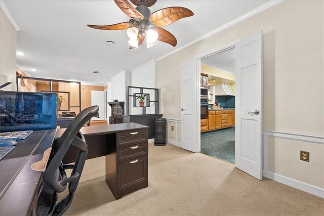 1122 Cox Rd, Anderson, SC 29621 - home office featuring ceiling fan, light colored carpet, crown molding, and baseboards