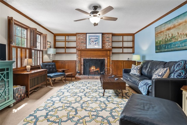 109 Cameron Way, Anderson, SC 29621 - living room featuring crown molding, a brick fireplace, carpet, a ceiling fan, and a textured ceiling