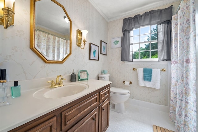 109 Cameron Way, Anderson, SC 29621 - full bathroom featuring vanity, toilet, wallpapered walls, crown molding, and tile patterned floors