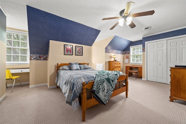 109 Cameron Way, Anderson, SC 29621 - carpeted bedroom featuring a textured ceiling, lofted ceiling, ceiling fan, baseboards, and a closet