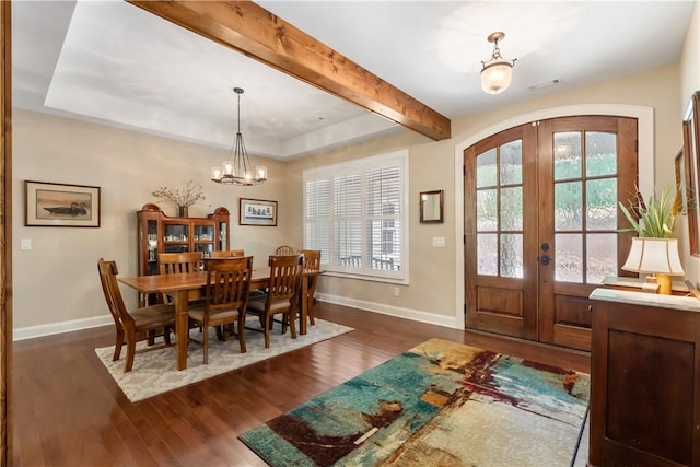 803 Gate View Ct, Seneca, SC 29672 - dining space with a chandelier, french doors, arched walkways, dark wood-style flooring, and baseboards