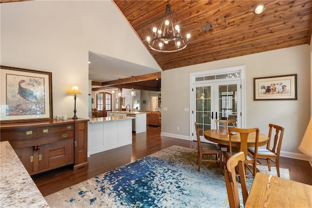 803 Gate View Ct, Seneca, SC 29672 - dining area featuring a chandelier, french doors, wood ceiling, baseboards, and dark wood-style floors