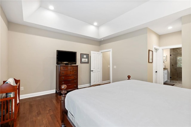 803 Gate View Ct, Seneca, SC 29672 - bedroom featuring dark wood finished floors, recessed lighting, baseboards, a raised ceiling, and connected bathroom