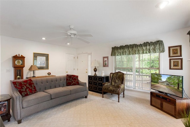 802 Pebble Ln, Anderson, SC 29621 - living room featuring recessed lighting, ceiling fan, and light colored carpet