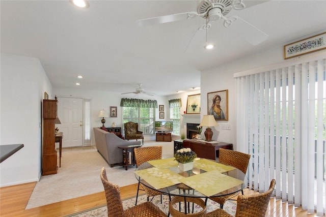 802 Pebble Ln, Anderson, SC 29621 - dining space featuring a ceiling fan, light wood-style floors, recessed lighting, a fireplace, and baseboards