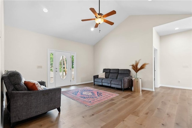 1316 E S 6th St, Seneca, SC 29678 - living area featuring ceiling fan, high vaulted ceiling, wood finished floors, recessed lighting, and baseboards