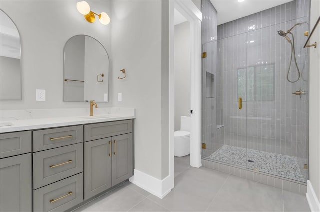 120 Thomason View Rd, Fountain Inn, SC 29644 - bathroom with a stall shower, toilet, tile patterned flooring, double vanity, and baseboards
