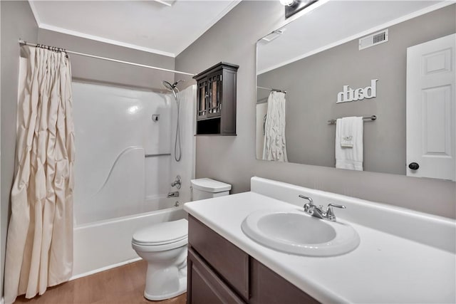 312 Northlake Dr, Anderson, SC 29625 - full bathroom with wood finished floors, vanity, shower / bathtub combination with curtain, and crown molding