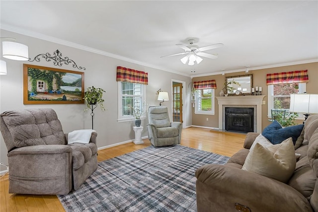 101 Long View Ln, Pickens, SC 29671 - living area featuring wood finished floors, plenty of natural light, ceiling fan, a fireplace, and crown molding