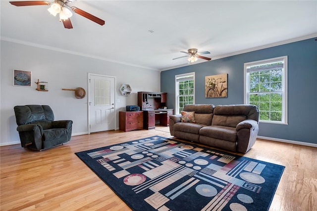101 Long View Ln, Pickens, SC 29671 - living room featuring a ceiling fan, crown molding, wood finished floors, and baseboards
