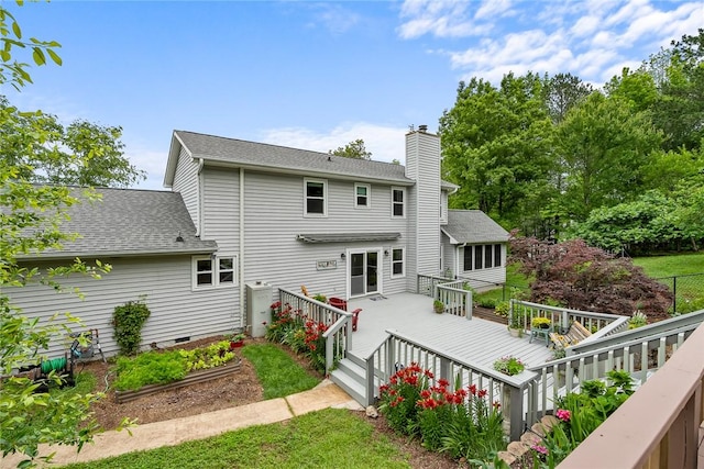 101 Long View Ln, Pickens, SC 29671 - back of property featuring a chimney, a deck, roof with shingles, and a garden