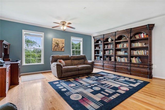 101 Long View Ln, Pickens, SC 29671 - living area with light wood-style floors, ceiling fan, crown molding, and baseboards