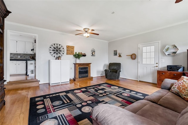 101 Long View Ln, Pickens, SC 29671 - living area with ceiling fan, light wood-type flooring, ornamental molding, a fireplace with raised hearth, and baseboards