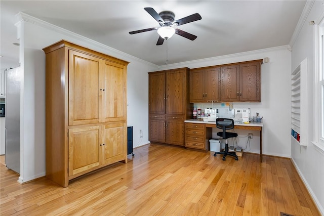 101 Long View Ln, Pickens, SC 29671 - office with a ceiling fan, light wood-style floors, built in study area, baseboards, and crown molding