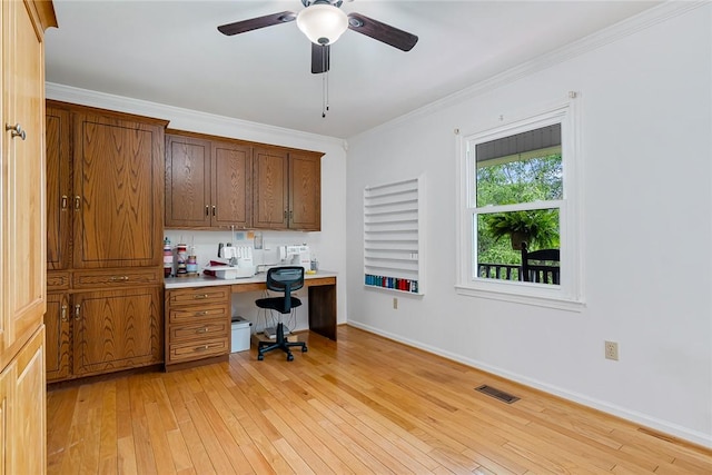 101 Long View Ln, Pickens, SC 29671 - office area featuring built in study area, ceiling fan, light wood-type flooring, ornamental molding, and baseboards