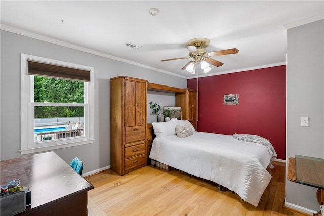 101 Long View Ln, Pickens, SC 29671 - bedroom with light wood-style floors, crown molding, baseboards, and ceiling fan