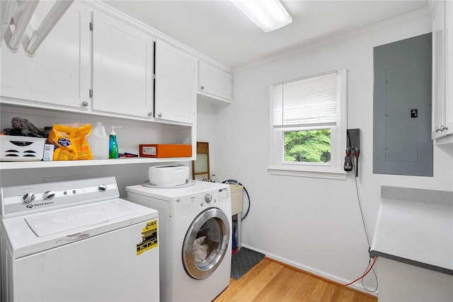101 Long View Ln, Pickens, SC 29671 - laundry area with cabinet space, electric panel, separate washer and dryer, ornamental molding, and light wood-type flooring