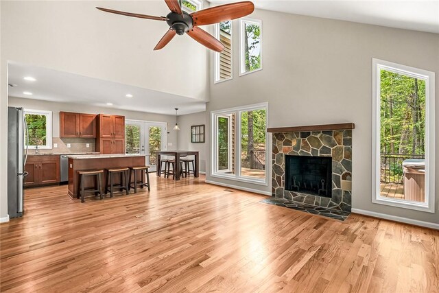 307 Warbranch Rd, Central, SC 29630 - living area featuring healthy amount of natural light, light wood finished floors, french doors, a ceiling fan, and a high ceiling
