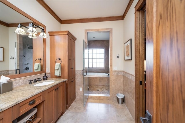 127 Button Bush Trl, Six Mile, SC 29682 - bathroom with a shower stall, vanity, crown molding, tile patterned flooring, and a bath
