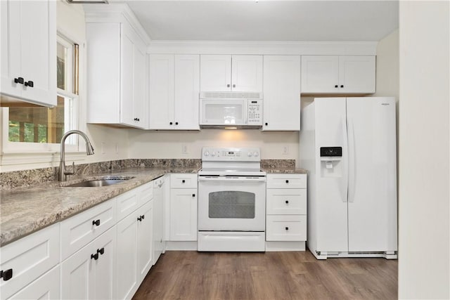 205 Fernwood Dr, Seneca, SC 29678 - kitchen with white appliances, a sink, white cabinets, dark wood-type flooring, and light stone countertops