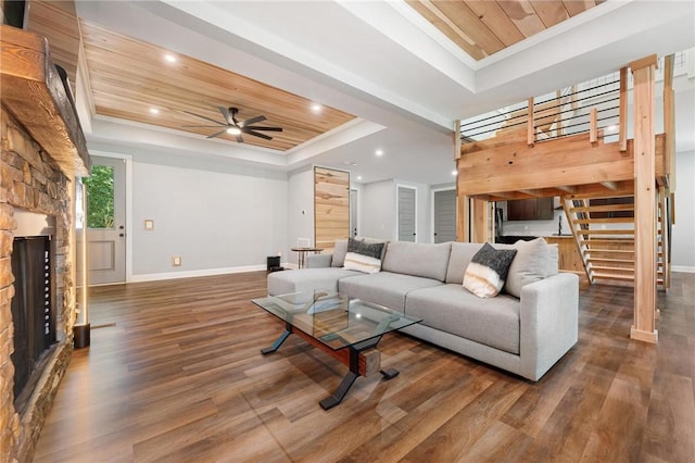 2000 Ridge Rd, Hartwell, GA 30643 - living room with a raised ceiling, wooden ceiling, baseboards, wood finished floors, and a ceiling fan