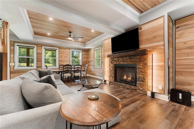 2000 Ridge Rd, Hartwell, GA 30643 - living room featuring a fireplace, wood finished floors, ceiling fan, wood ceiling, and recessed lighting