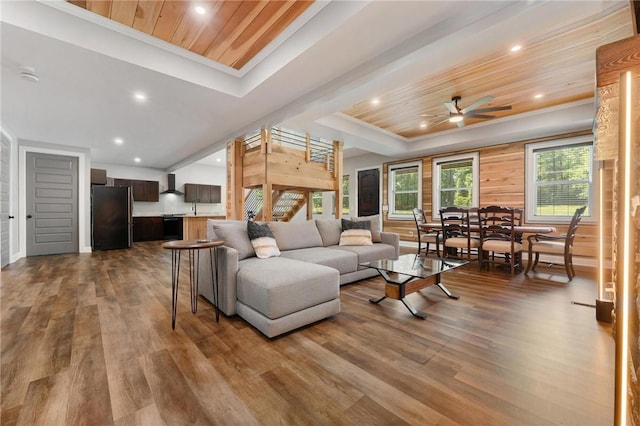 2000 Ridge Rd, Hartwell, GA 30643 - living area featuring a raised ceiling, wood finished floors, a ceiling fan, recessed lighting, and wooden ceiling
