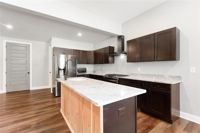 2000 Ridge Rd, Hartwell, GA 30643 - kitchen with wall chimney exhaust hood, stainless steel appliances, a kitchen island, and dark wood finished floors