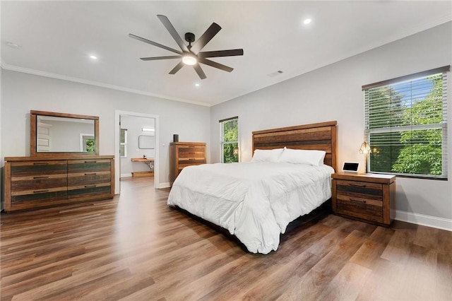 2000 Ridge Rd, Hartwell, GA 30643 - bedroom with wood finished floors, baseboards, ornamental molding, recessed lighting, and a ceiling fan