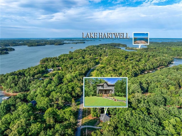 2000 Ridge Rd, Hartwell, GA 30643 - aerial overview of property's location featuring a heavily wooded area, property parcel outlined, and a nearby body of water