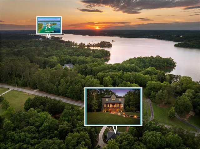 2000 Ridge Rd, Hartwell, GA 30643 - aerial view at dusk of a water view, property parcel outlined, and a forest view