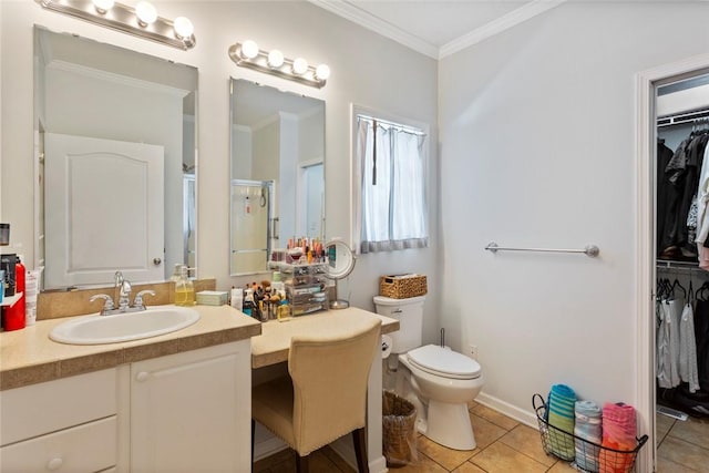 661 Playground Rd, Walhalla, SC 29691 - bathroom with a walk in closet, vanity, tile patterned flooring, ornamental molding, and a shower stall