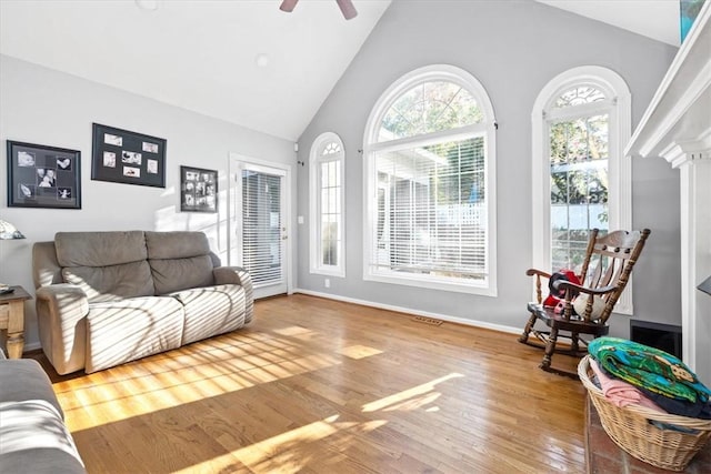 151 Hannah Cir, Anderson, SC 29621 - living room featuring wood finished floors, high vaulted ceiling, ceiling fan, and baseboards