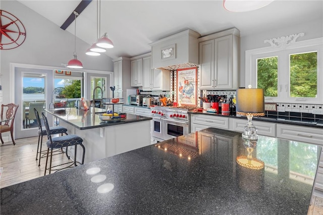 408 Northampton Rd, Seneca, SC 29672 - kitchen featuring double oven range, backsplash, healthy amount of natural light, a kitchen island with sink, and vaulted ceiling