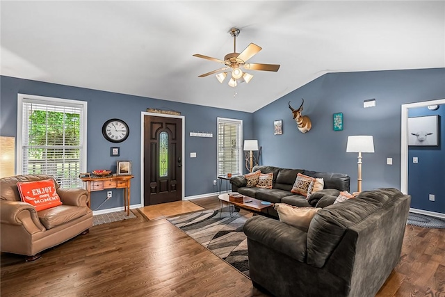 169 Campbell Bridge Rd, Seneca, SC 29678 - living area with a ceiling fan, vaulted ceiling, wood finished floors, and baseboards