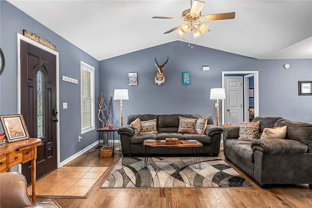 169 Campbell Bridge Rd, Seneca, SC 29678 - living area with lofted ceiling, wood finished floors, a ceiling fan, and baseboards