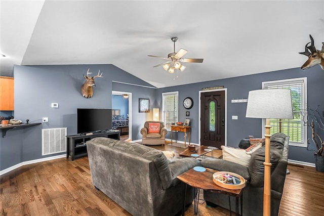 169 Campbell Bridge Rd, Seneca, SC 29678 - living area with a ceiling fan, healthy amount of natural light, lofted ceiling, wood finished floors, and baseboards