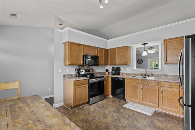 15 Laws Ln, Piedmont, SC 29673 - kitchen with black appliances, a sink, lofted ceiling, light countertops, and brown cabinetry
