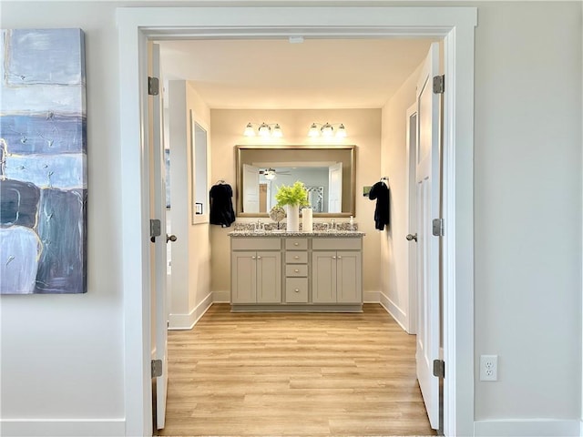 448 Seaborn Cir, Pendleton, SC 29670 - bathroom featuring double vanity, wood finished floors, a ceiling fan, and baseboards
