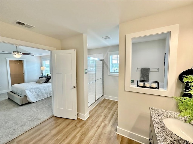 448 Seaborn Cir, Pendleton, SC 29670 - ensuite bathroom featuring baseboards, a shower stall, vanity, and wood finished floors