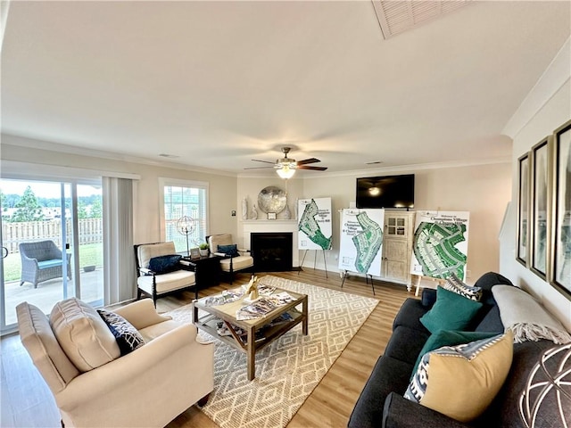 448 Seaborn Cir, Pendleton, SC 29670 - living room featuring a ceiling fan, wood finished floors, ornamental molding, and a fireplace