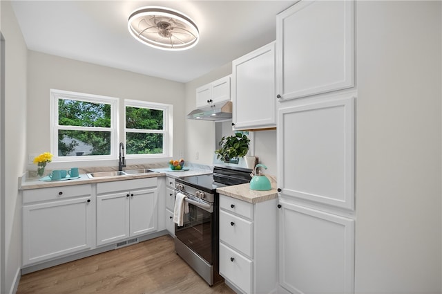 1103 Scott Dr, Anderson, SC 29625 - kitchen featuring stainless steel electric range, under cabinet range hood, white cabinetry, light wood-style flooring, and light countertops