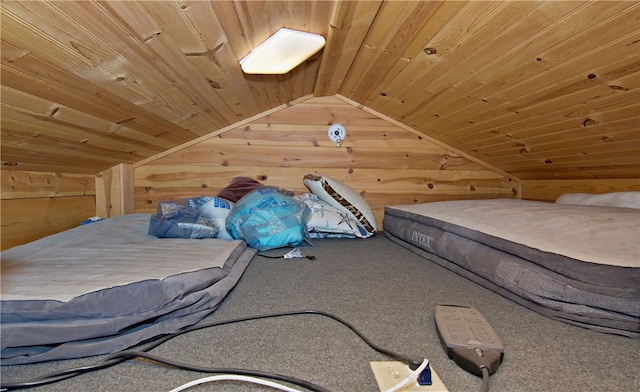 669 N Fleetwood Ln, Fair Play, SC 29643 - carpeted bedroom with wood ceiling, vaulted ceiling, and wood walls